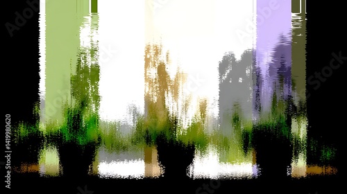 Abstract Trees in the Sunlight Impressionist Palette with Shades of Green and Brown on Black Backdrop