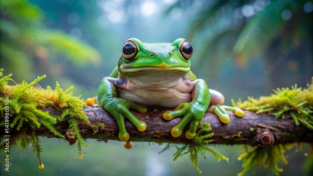 Obraz premium Vibrant Green Tree Frog Perched on Mossy Branch in Lush Forest Habitat