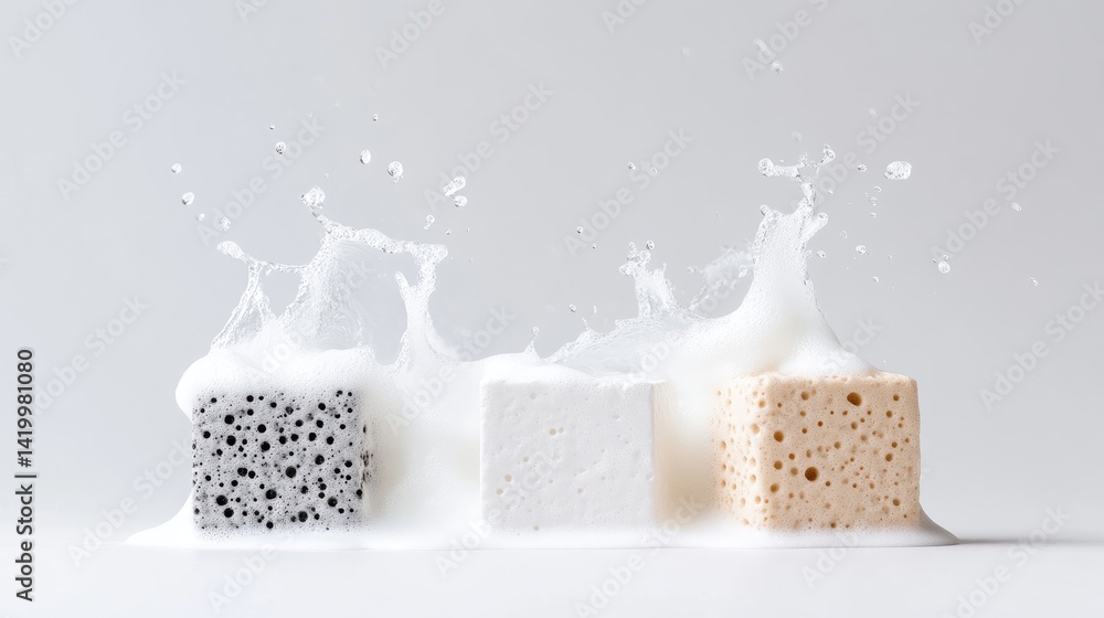 Three textured cubes dissolving into water splashes, set against a minimalist white background, and showcasing abstract artistic composition and dynamic motion. Three textured cubes dissolving into water splashes, set against a minimalist white background, and showcasing abstract artistic composition and dynamic motion.