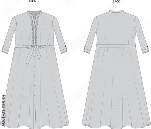 Frill neck Long Sleeve Stand Collar Front Placket Flared Dress Fashion Flat Sketch Vector Illustration, CAD, Technical Drawing, Flat Drawing, Template, Mockup