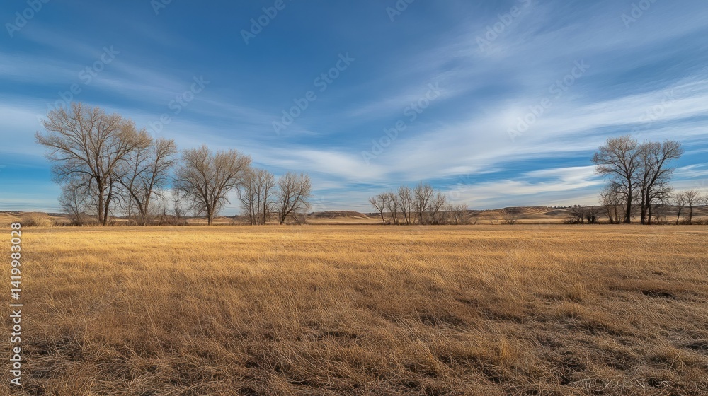 The expansive grassy field under a bright blue sky and trees The expansive grassy field under a bright blue sky and trees