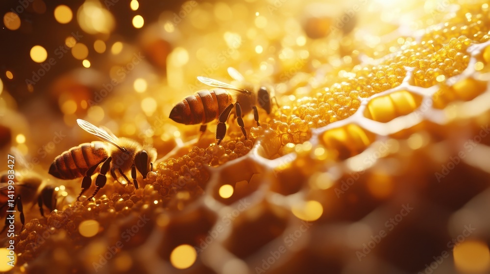 bees are busy gathering nectar and pollen from glistening golden honeycombs under warm, radiant light