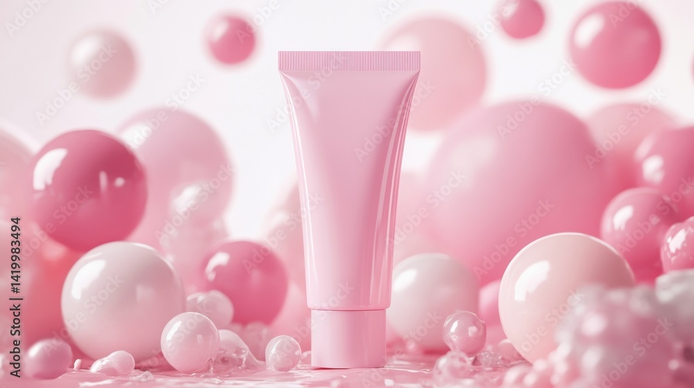 pink cosmetic tube standing upright among glossy pastel pink and white spheres in a dreamy background
