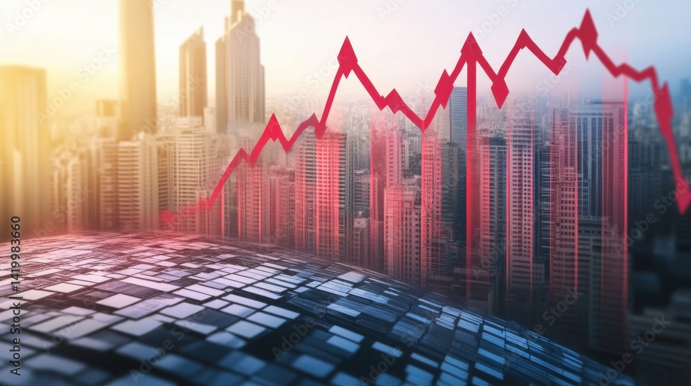 A red declining stock market graph overlays a city skyline, symbolizing economic downturn and financial instability