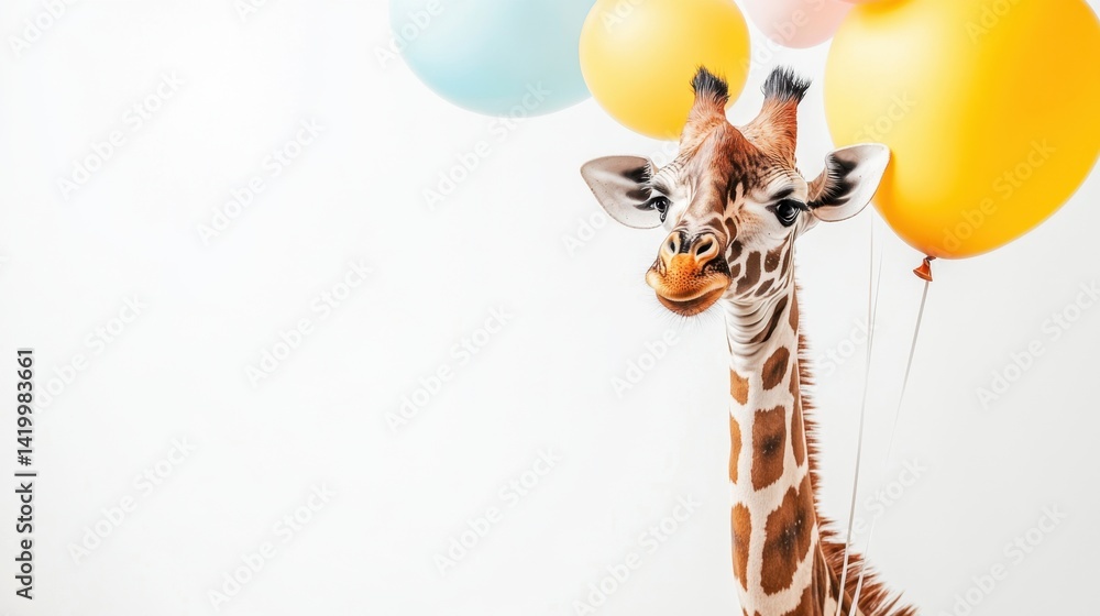 A playful giraffe with colorful balloons stands against a clean white background