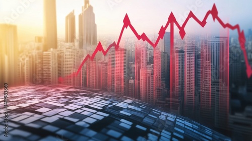 Obraz na płótnie A red declining stock market graph overlays a city skyline, symbolizing economic downturn and financial instability w salonie