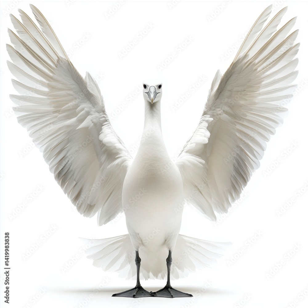Fototapeta premium White goose with wings spread wide against a white background.
