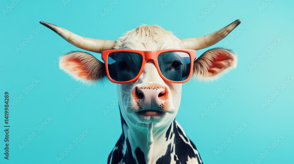 A stylish cow wearing bright red sunglasses poses confidently against a vibrant blue background
