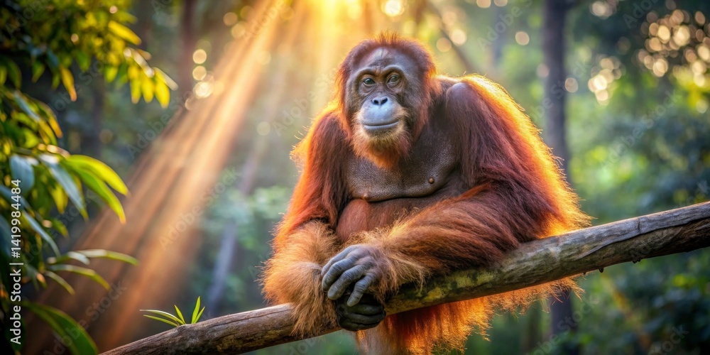 Obraz premium Golden Hour Orangutan Majestic primate perched on a branch, bathed in the warm glow of the setting sun, a serene and captivating scene in a lush natural habitat.