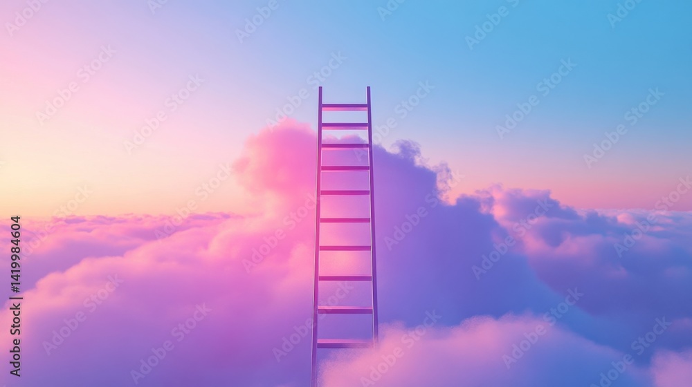 a ladder extending into colorful pink and purple clouds under a dreamy pastel sky at sunrise or sunset