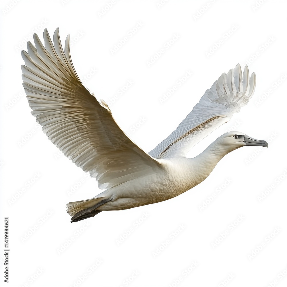 Obraz premium White bird in flight against a white background. The bird's wings are spread wide, and its body is angled slightly to the right.