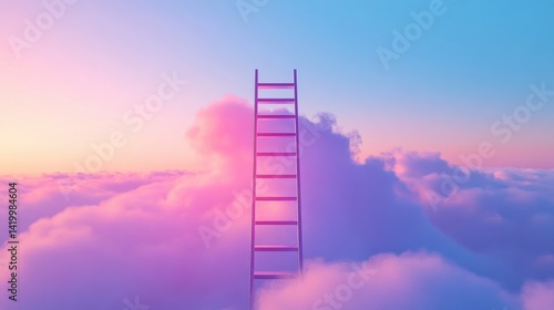 Obraz na płótnie a ladder extending into colorful pink and purple clouds under a dreamy pastel sky at sunrise or sunset w salonie