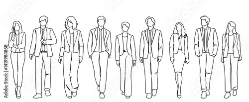 Obraz na płótnie Silhouettes of men, women and teenagers, group walking business people, vector, profile, linear sketch, hand draw, black and white color isolated on white background w salonie