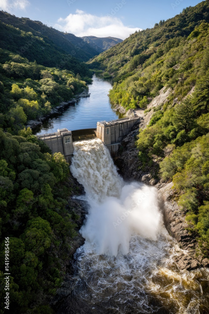 Water gushing through the dam, creating energy with mountains and sky in background Water gushing through the dam, creating energy with mountains and sky in background