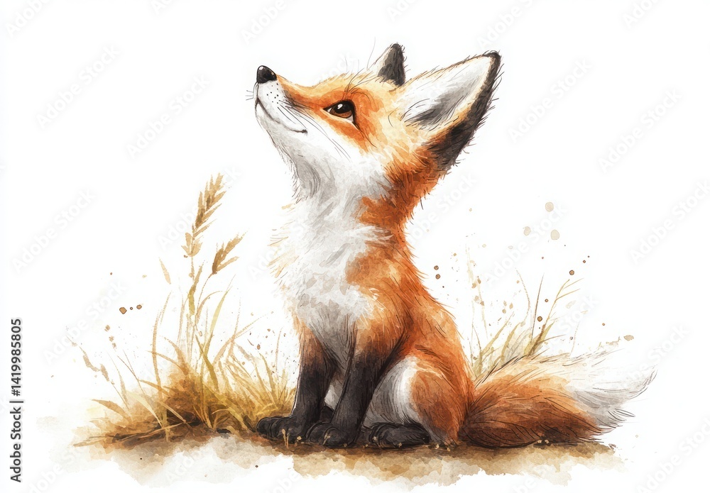Fototapeta premium Adorable Watercolor Fox Illustration with Brown Shades and Nature Background Elements