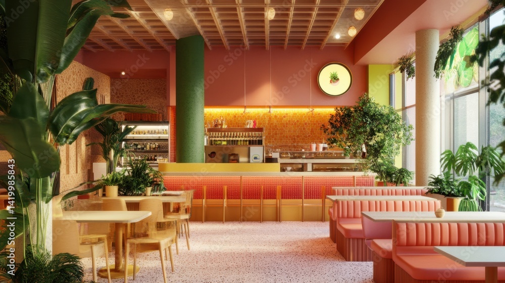 colorful restaurant interior features vibrant coral seating, lush green plants, and a lively juice bar