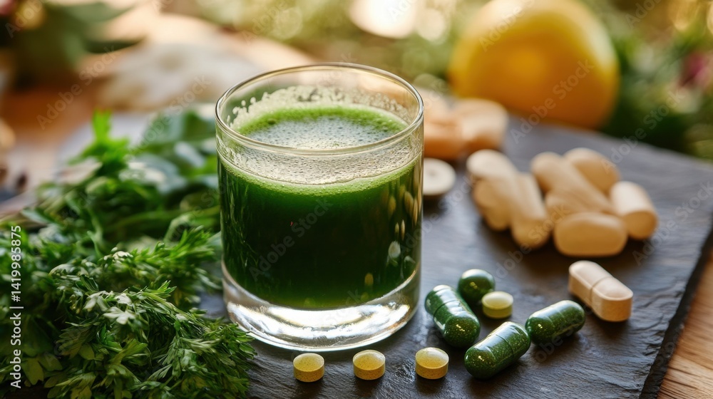 A glass of green juice sits surrounded by fresh herbs and assorted dietary supplements on a dark stone plate