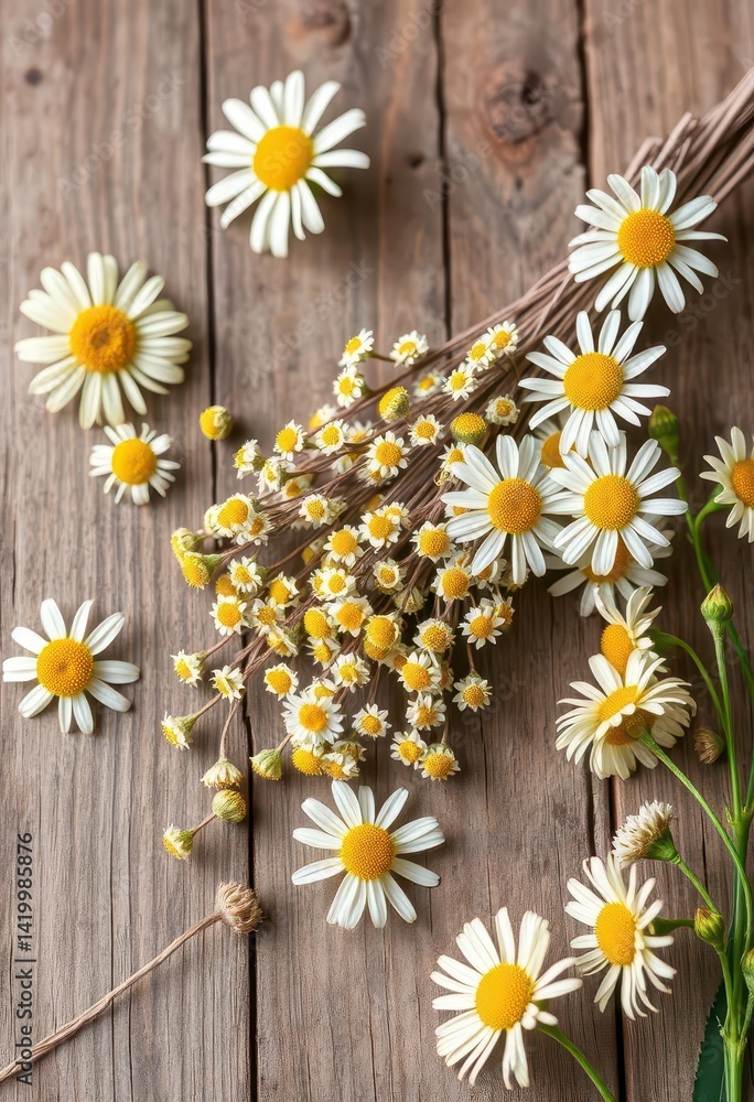 Obraz premium Dried chamomile sprigs on rustic wooden surface, surrounded by fresh chamomile flowers, calm, botany, herbal medicine