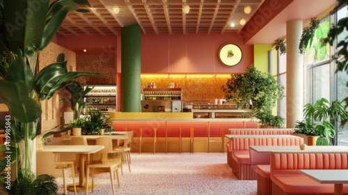 Obraz na płótnie colorful restaurant interior features vibrant coral seating, lush green plants, and a lively juice bar w salonie