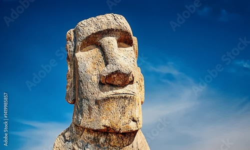 Stone monument faces right against bright blue sky with wispy clouds. Detailed stone carving on the moai statue