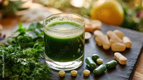 Obraz na płótnie A glass of green juice sits surrounded by fresh herbs and assorted dietary supplements on a dark stone plate w salonie