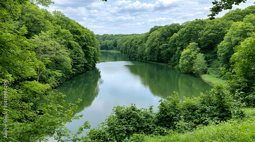 Serene Forest Landscape Overlooking a Calm Lake Serene Forest Landscape Overlooking a Calm Lake