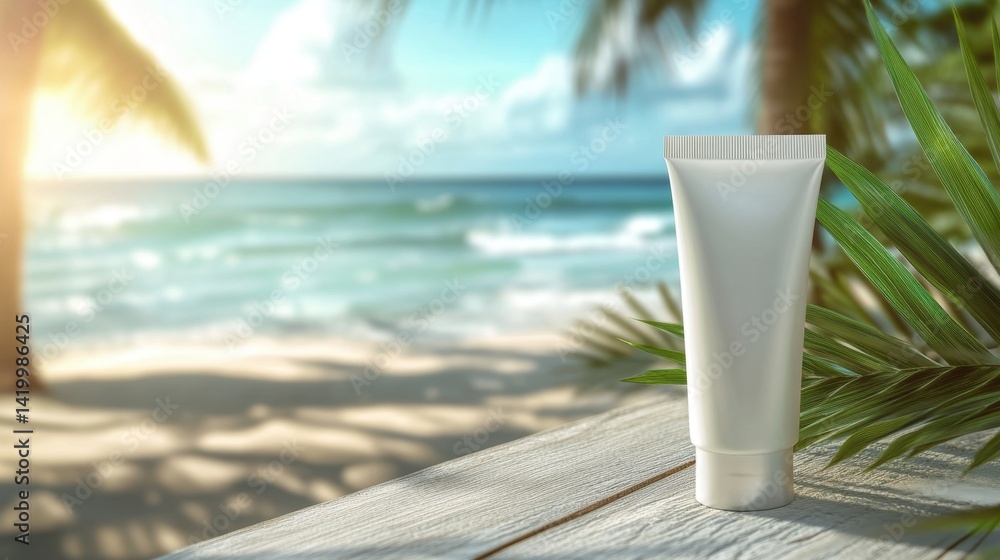 A white cosmetic tube stands on a wooden surface against a tropical beach background with palm leaves