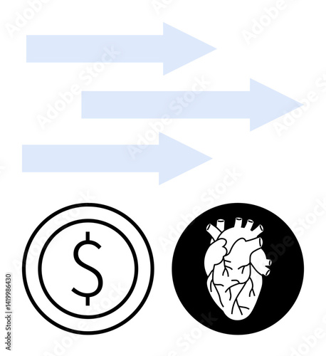 Heart anatomy, dollar sign in circular frame, and three forward arrows. Ideal for concepts thumbs up financial growth, value, health, decision-making, progress, economics simple landing page