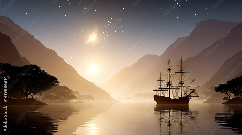 Ancient Ship Sailing Along Misty Waters at Dusk Majestic Peaks Silhouetted in the Horizon's Soft Glow.