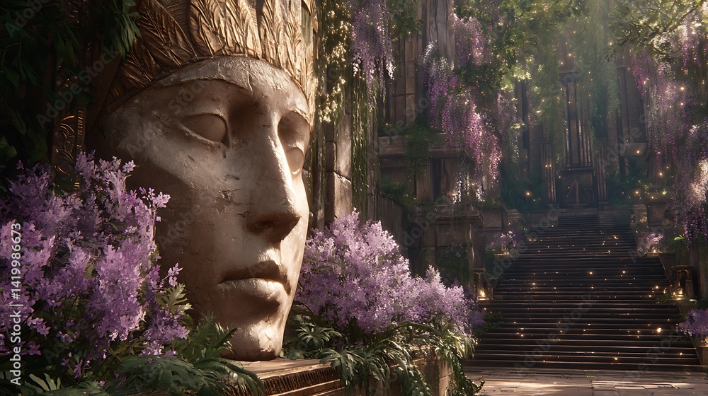 Ancient Statue Head Amidst Purple Flowers in Mystical Garden Oasis Sanctuary