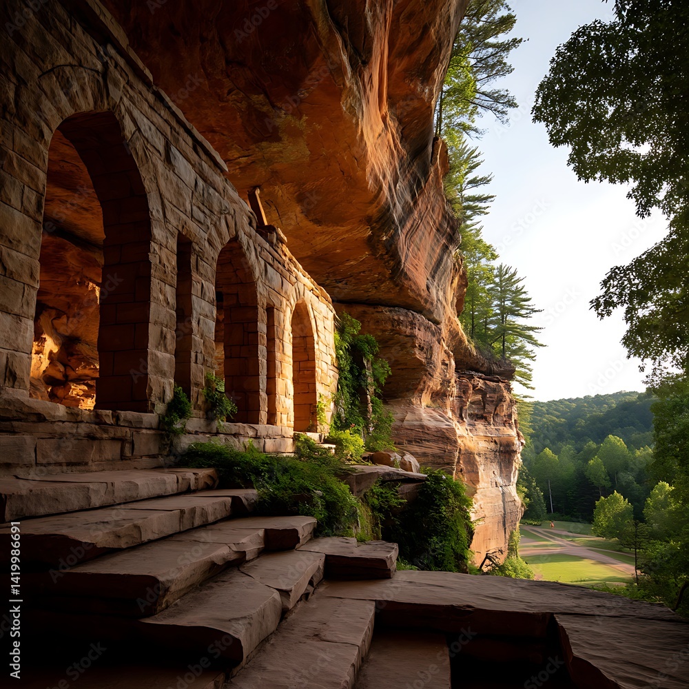 Ancient Stone Architecture With Archways Nestled Under Eroded Rock Formation in Verdant Nature