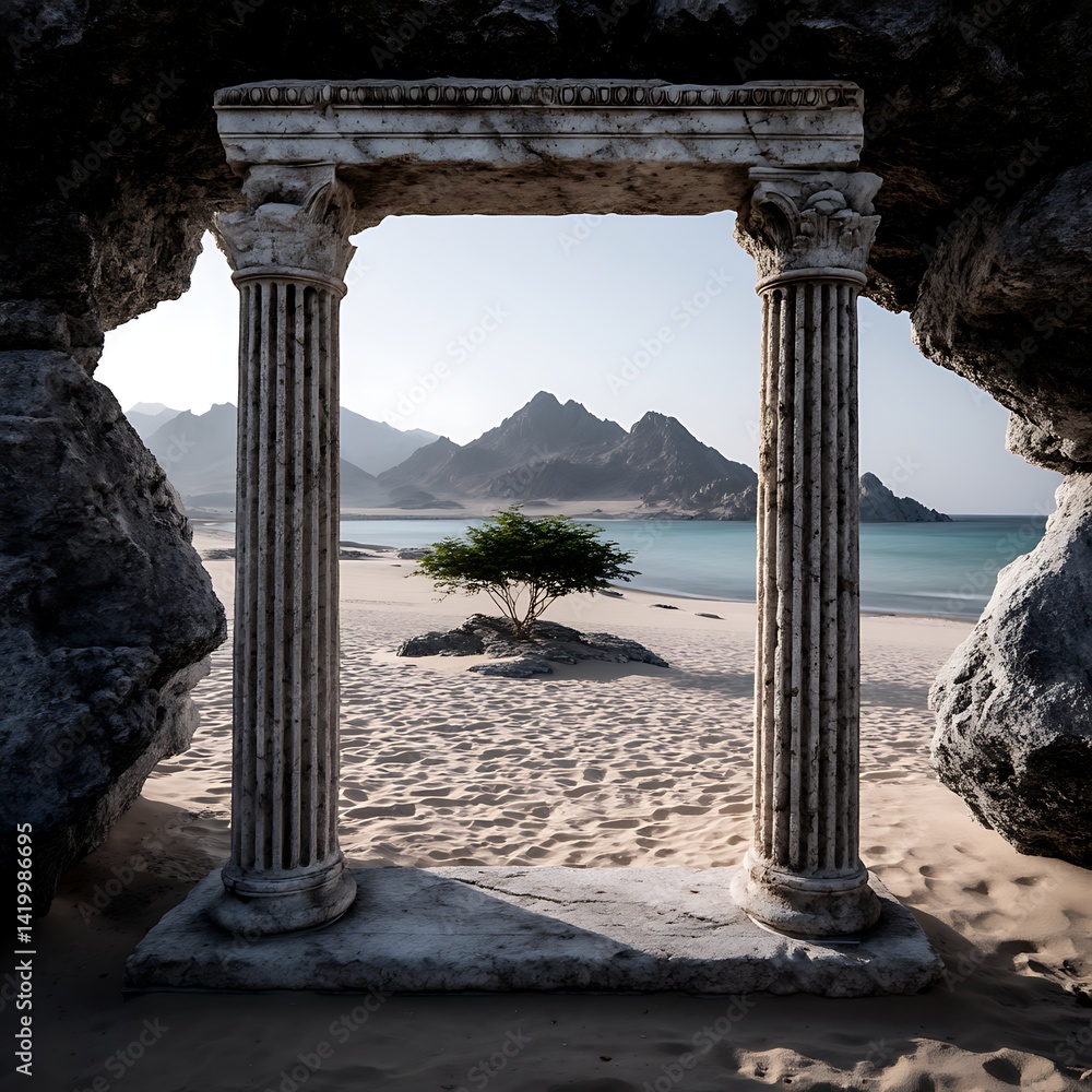 Ancient Stone Gateway Overlooking Beach and Serene Ocean Surrounded by Mountains and Blue Sky