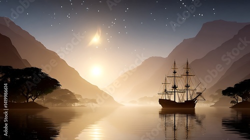 Obraz na płótnie Ancient Ship Sailing Along Misty Waters at Dusk Majestic Peaks Silhouetted in the Horizon's Soft Glow. w salonie