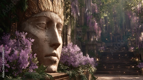 Obraz na płótnie Ancient Statue Head Amidst Purple Flowers in Mystical Garden Oasis Sanctuary w salonie