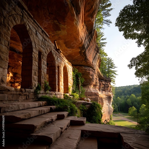 Obraz na płótnie Ancient Stone Architecture With Archways Nestled Under Eroded Rock Formation in Verdant Nature w salonie