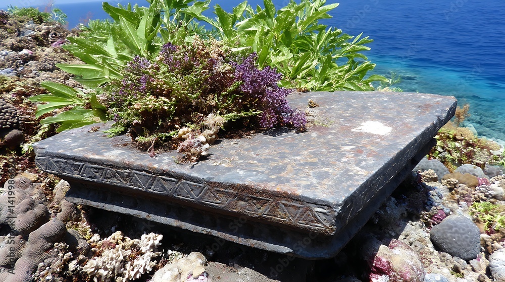 Ancient Stone Slab with Inscriptions near Ocean Coastline Holiday Seaside Tranquility Scenery