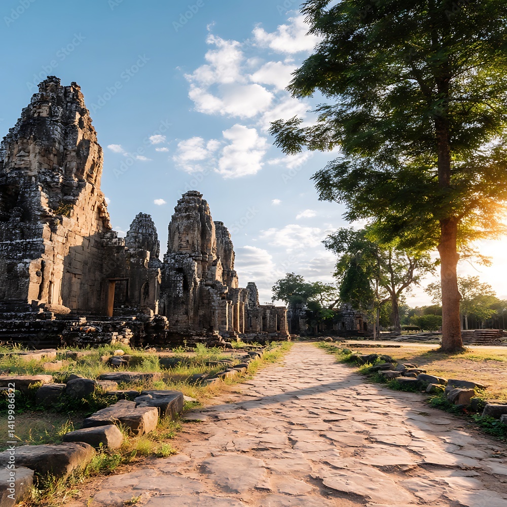 Ancient Stone Temple Complex Pathway and Towering Tree in Southeast Asia at Bayon Cambodia.