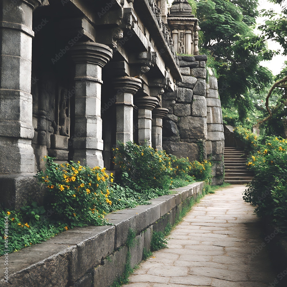Ancient Stone Temple Complex Walkway With Floral Accents and Stairway in Verdant Landscape