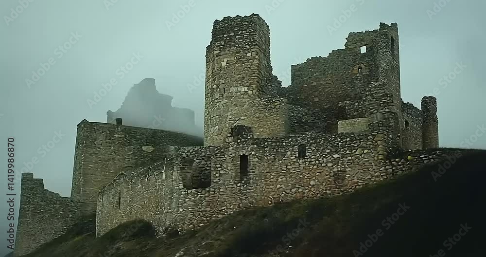 Ancient stone castle ruins shrouded in mist on a rugged hillside Ancient stone castle ruins shrouded in mist on a rugged hillside