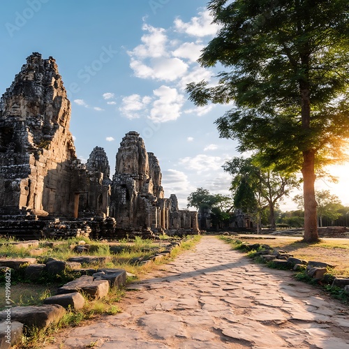 Obraz na płótnie Ancient Stone Temple Complex Pathway and Towering Tree in Southeast Asia at Bayon Cambodia. w salonie