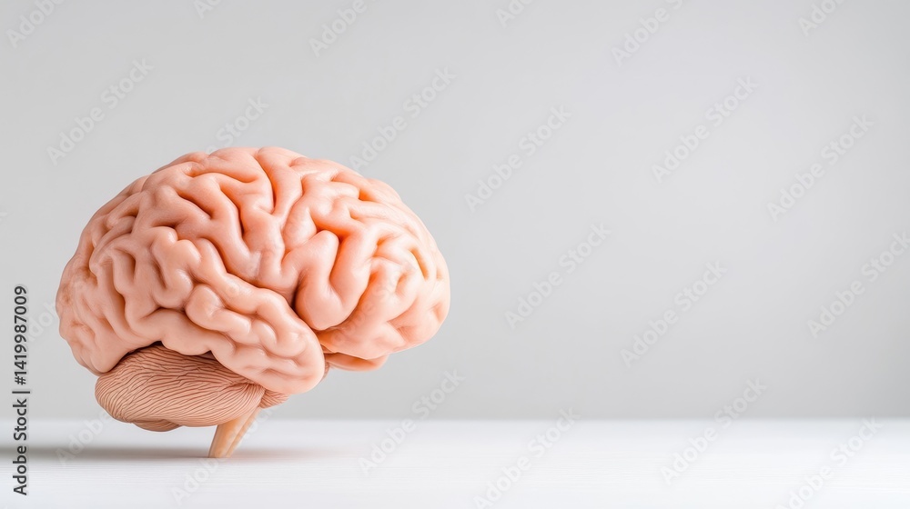 A human brain model displayed on a clean white surface, minimalist studio setting, close-up shot, and emphasizing cognitive science and neurology. A human brain model displayed on a clean white surface, minimalist studio setting, close-up shot, and emphasizing cognitive science and neurology.