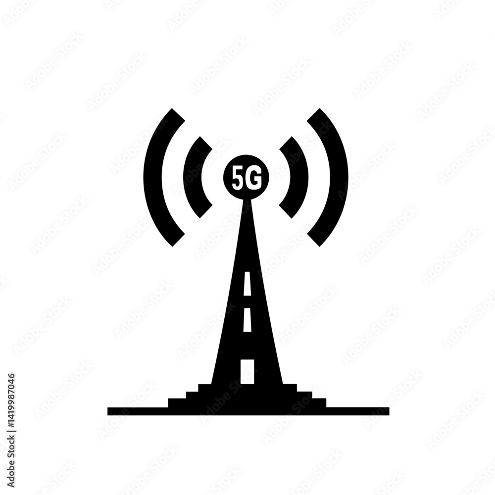 Black 5G cell tower icon transmits wireless data, representing modern internet speed. Black 5G cell tower icon transmits wireless data, representing modern internet speed.
