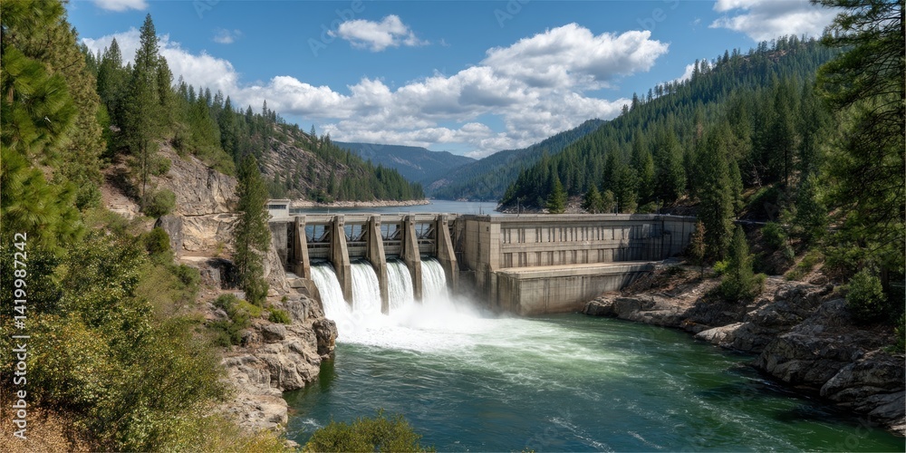 Waterfall spilling over hydroelectric power plant dam in a mountain valley Waterfall spilling over hydroelectric power plant dam in a mountain valley