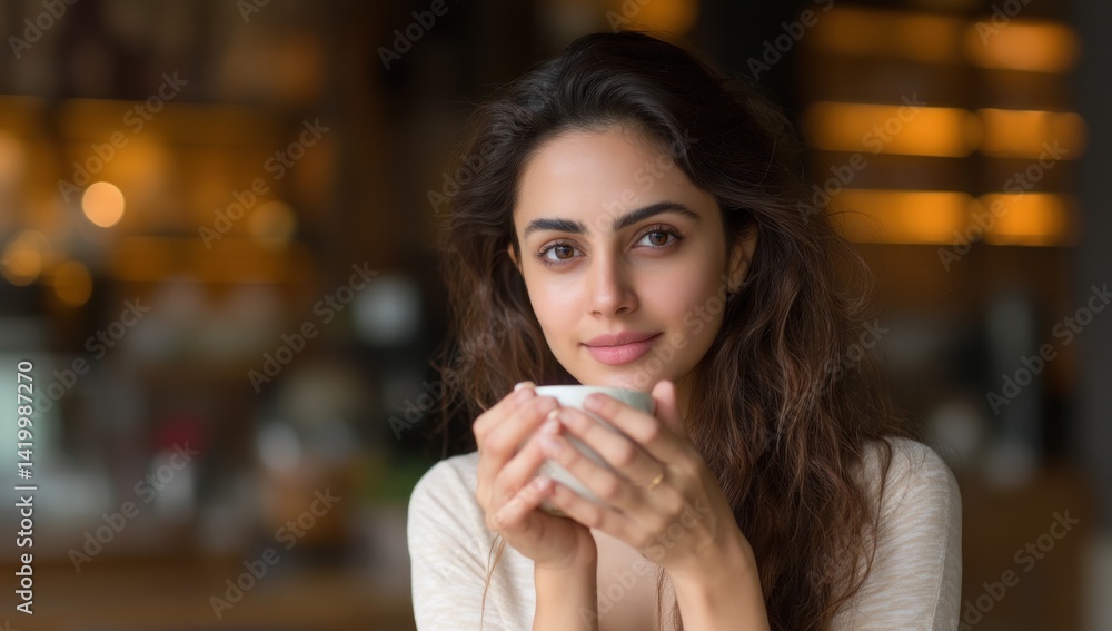 Young woman drinking coffee at home, looking at camera, with warm background Young woman drinking coffee at home, looking at camera, with warm background