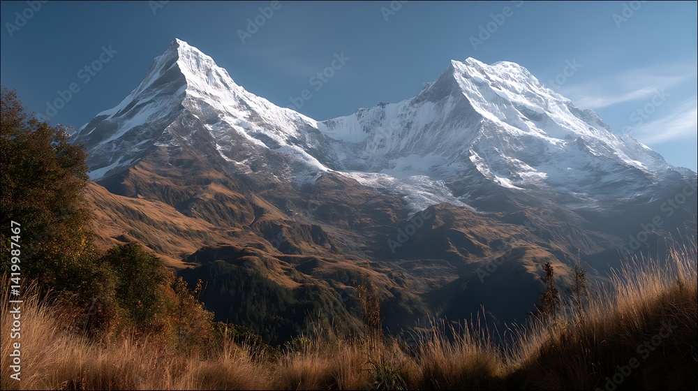 Annapurna Mountain Range Snow Covered Peaks Valley Landscape Scenery Dramatic Light Nepal Trekking.