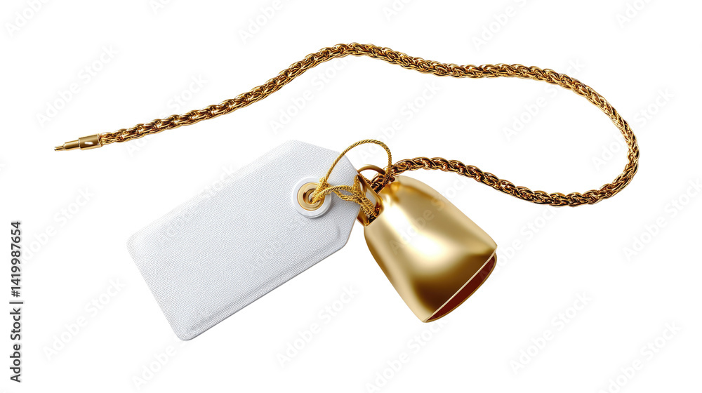 Fototapeta premium Golden Bell and Tag: A gleaming golden bell and a blank tag with a golden string, presented against a clean, uncluttered background. This image is perfect for conveying ideas of gifting, sales.