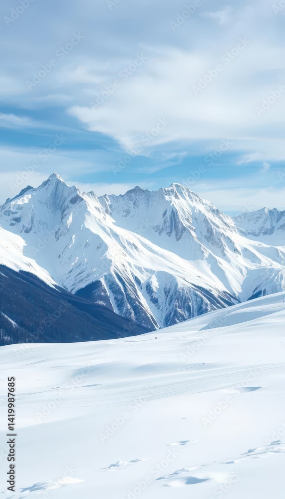 Misty peaks, snow-laden mountain range, serene winter landscape, winter, peaks Misty peaks, snow-laden mountain range, serene winter landscape, winter, peaks