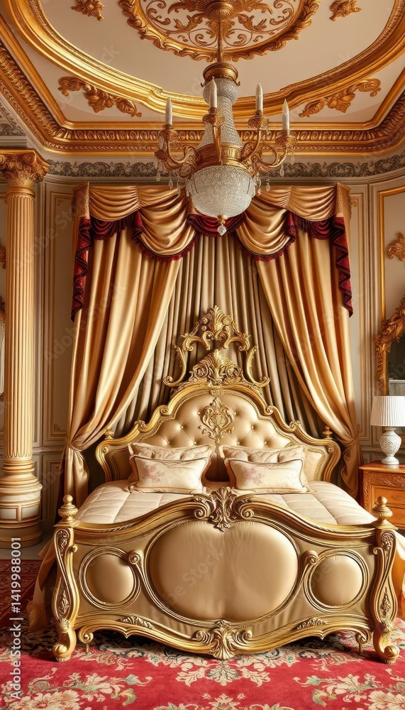 Obraz premium Opulent neoclassical French bedroom; ornate bed, silk drapes, gilded accents, interior, royal, palace