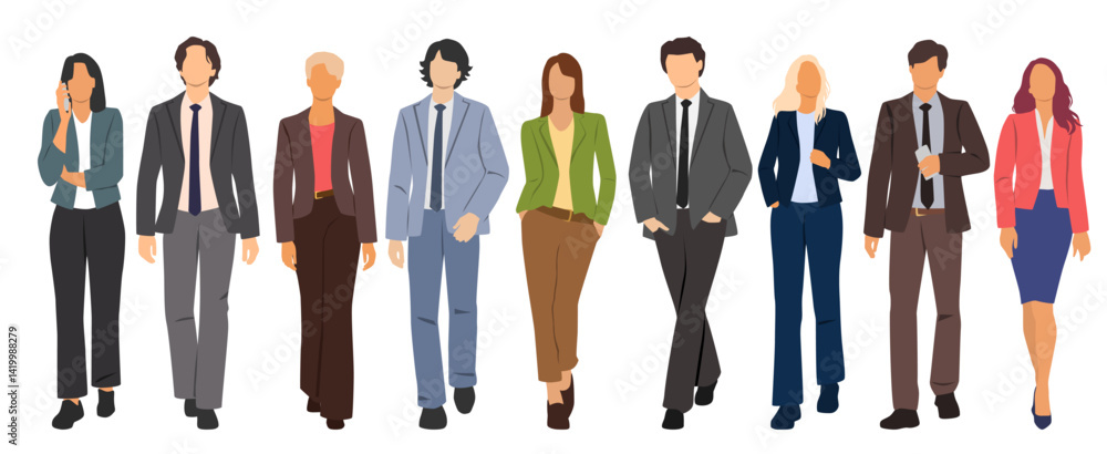 Set of young men and women, different colors, cartoon character, group of silhouettes of walking business people, design concept of flat icon, isolated on white background