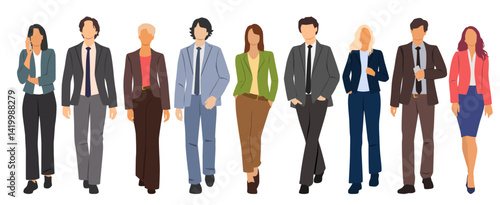 Obraz na płótnie Set of young men and women, different colors, cartoon character, group of silhouettes of walking business people, design concept of flat icon, isolated on white background w salonie